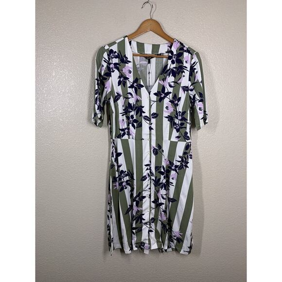 Vero Moda Vilja Striped Floral Shirt Dress Large L Mixed Print Button Front - Picture 1 of 6
